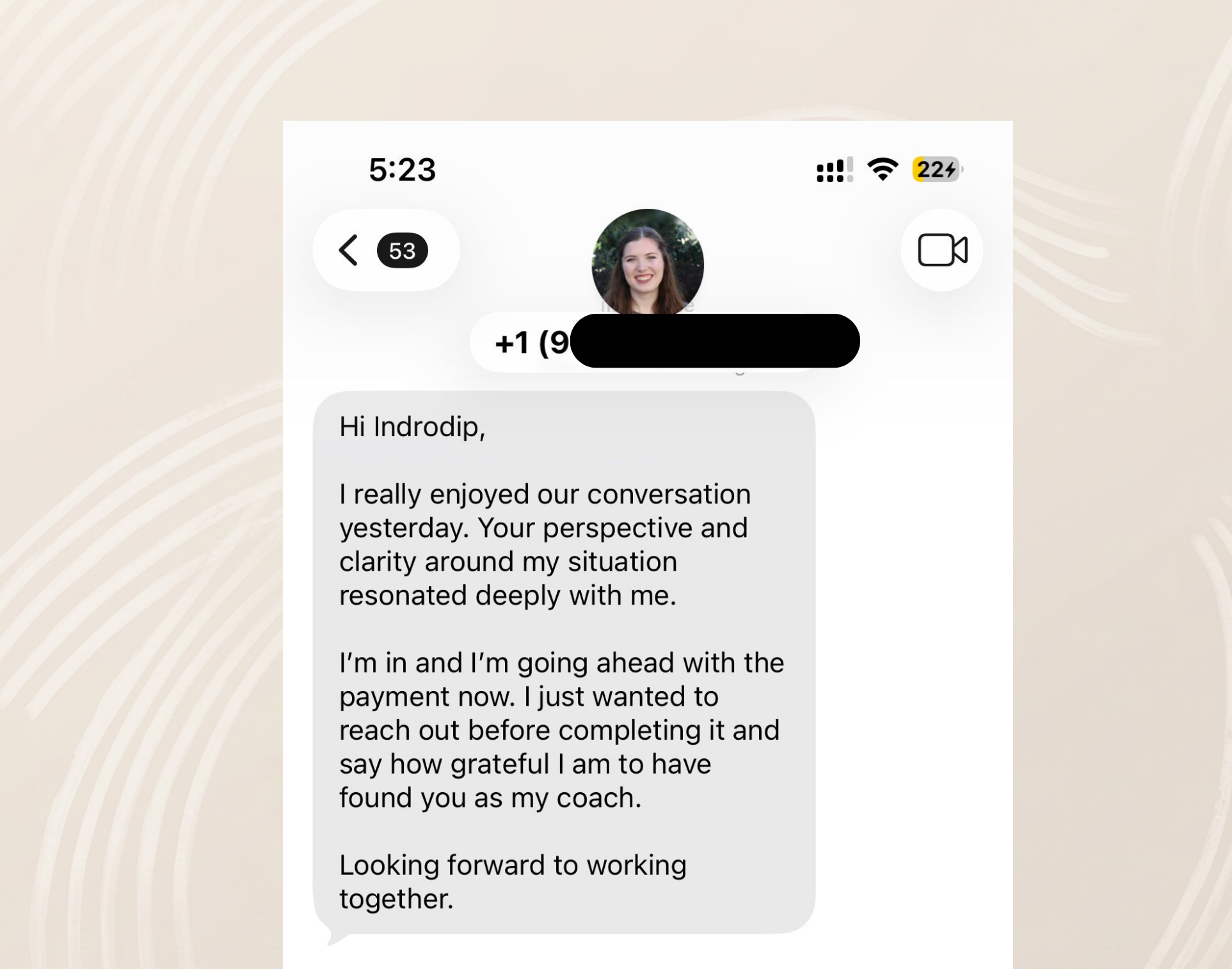 A client message: I'm going ahead with the payment, so grateful to have found you as my coach